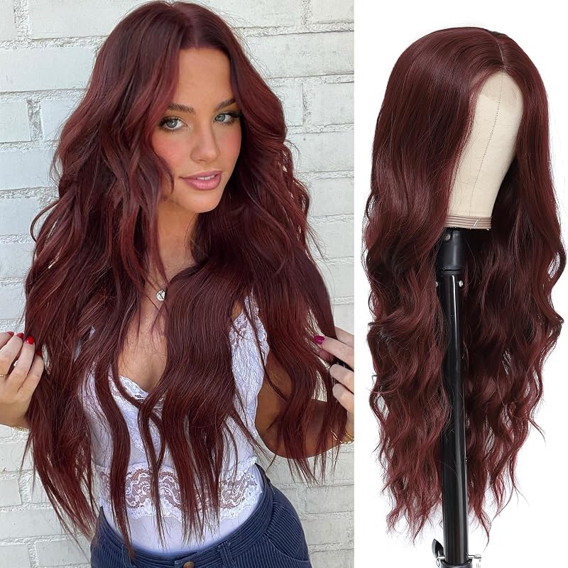 NAYOO Burgundy Wig for Women 26 Inch Long Wavy Synthetic Wig, Wine Red Middle Part Wig, Natural Looking Heat Resistant Fiber, Soft Lightweight Wig for Daily Wear Party Cosplay
