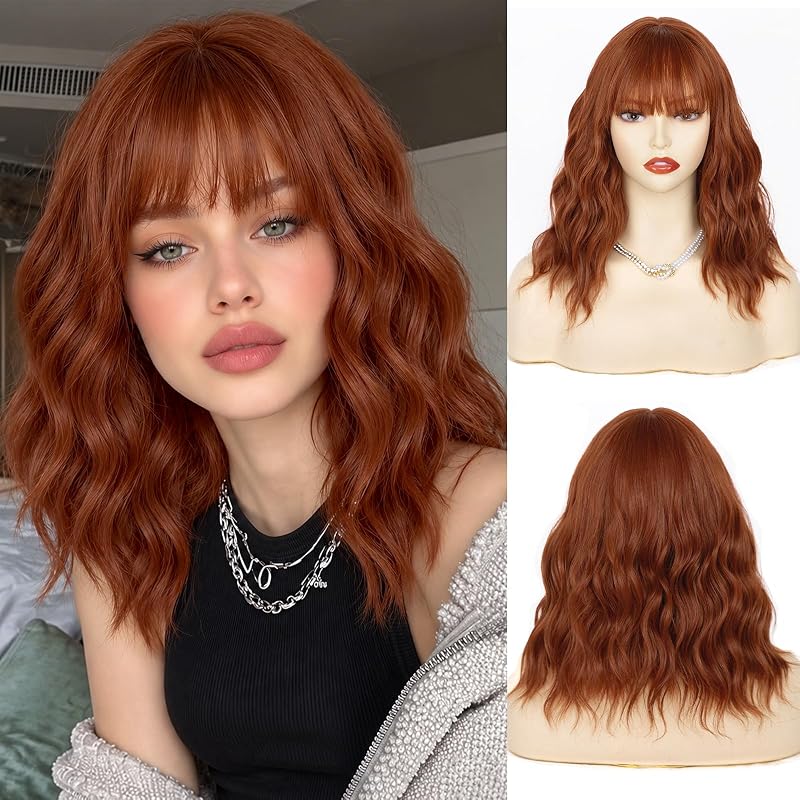 NAYOO Auburn Wig with Bangs, 14 Inch Short Curly Bob Wig for Women, Shoulder Length Wig for Cosplay & Halloween