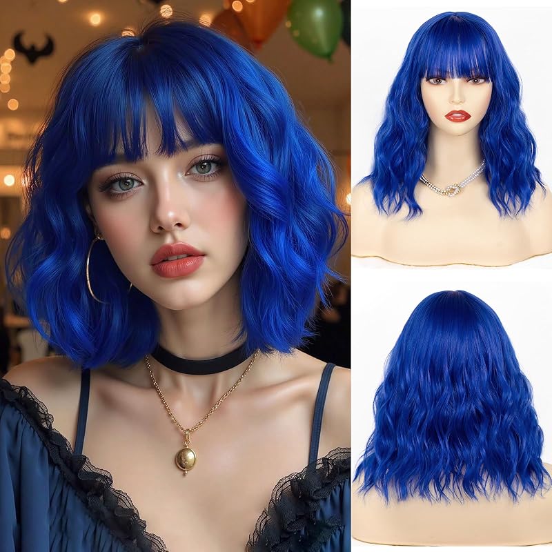 NAYOO Dark Blue Bob Wig for Women, 14 Inch Short Blue Wavy Wig with Bangs, Synthetic Wavy Hair Wig for Cosplay & Halloween Costume