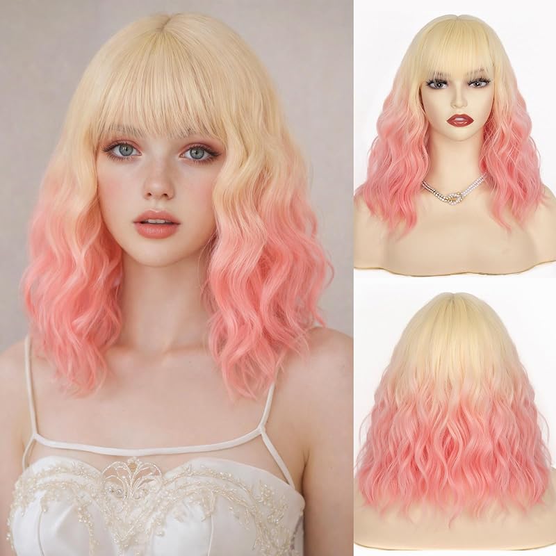 NAYOO Blonde Pink Wavy Bob Wig with Bangs, 14 Inch Shoulder Length Ombre Wig, Glueless Bob Wig for Women, Girls' Halloween Wig Costume