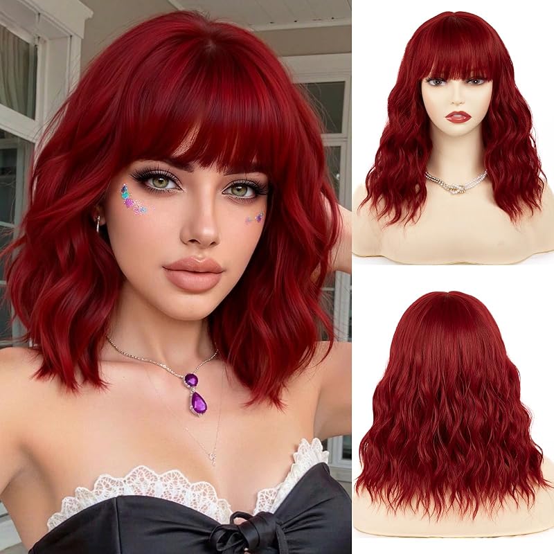NAYOO 14 Inch Ruby Red Wavy Bob Wig with Bangs for Women, Shoulder Length Synthetic Wig, Heat Resistant Loose Wave Hair for Daily Wear Party Cosplay