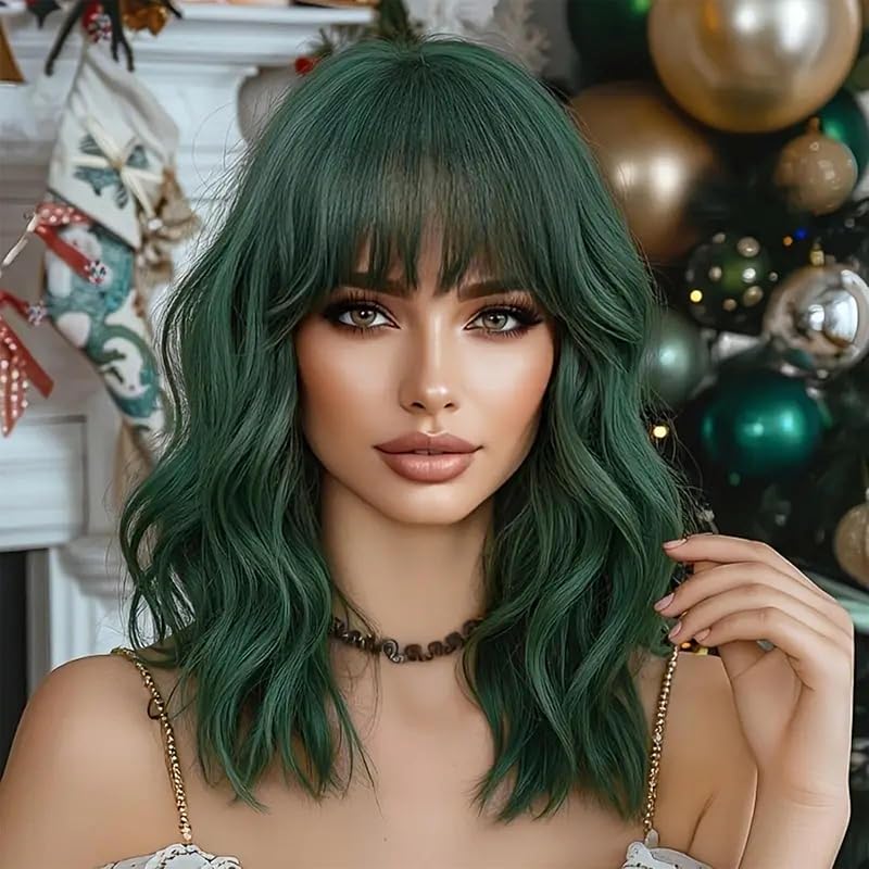 NAYOO Dark Green Wavy Bob Wig with Bangs for Women, 14 Inch Shoulder Length Short Green Wig, Heat Resistant Loose Wave Hair for Daily Wear Party Cosplay