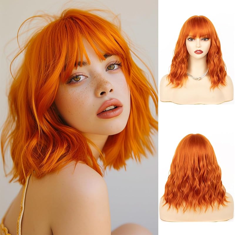 NAYOO Ginger Orange Bob Wig with Bangs for Women, 14 Inch Shoulder Length Short Wavy Orange Wig, Heat Resistant Loose Wave Hair for Daily Wear Party Cosplay