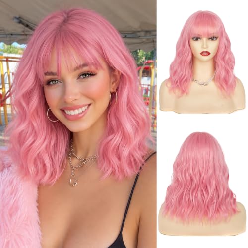 NAYOO Pink Bob Wig with Bangs for Women, 14 Inch Short Pink Wavy Wig, Shoulder Length Synthetic Curly Bob Wig, Glueless Natural Looking Pink Wig for Cosplay, Halloween, Costume