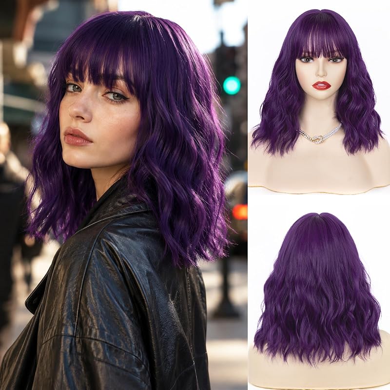 NAYOO Purple Wig With Bangs - 14 Inch Dark Bob for Women, Shoulder Length Short Curly, Middle Part, Cosplay Girls Costume