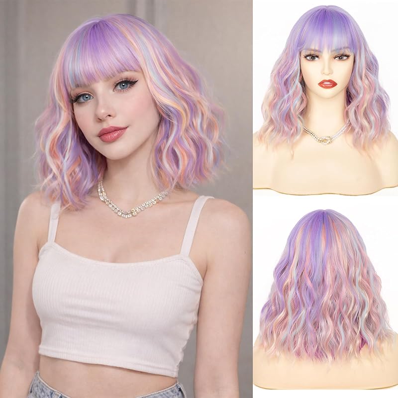 NAYOO Colorful Bob Wig with Bangs, 14 Inch Short Wig for Women, Shoulder Length Wavy Bob Wig with Bangs, Glueless Wig for Women, Girls' Halloween Wig Costume