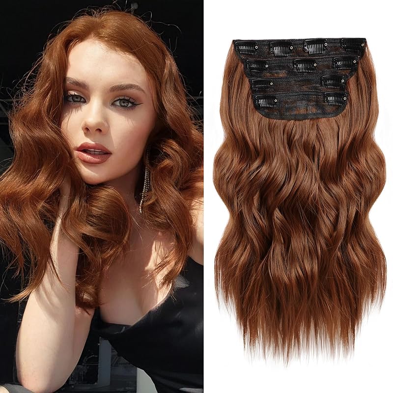 16” Auburn Clip in Hair Extensions Long Wavy Synthetic Extensions for Women