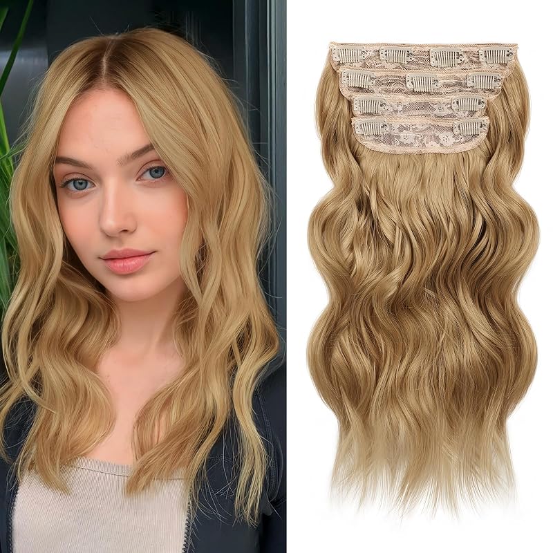 16” Blonde Clip in Hair Extensions Long Wavy Synthetic Extensions for Women