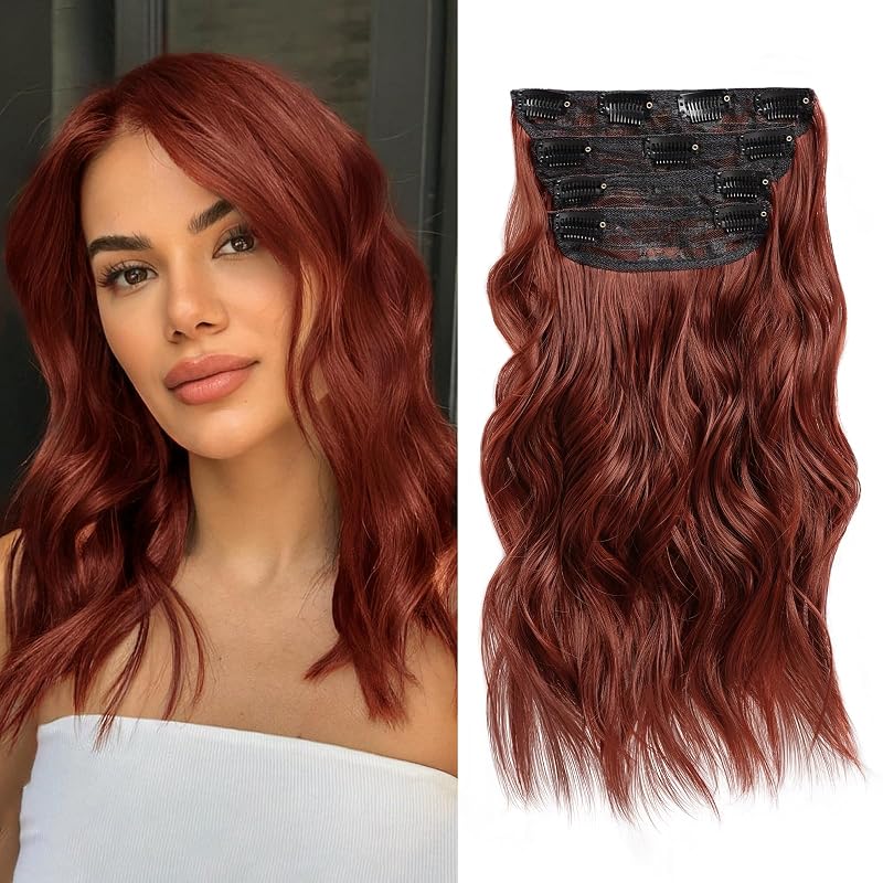 16” Red Clip in Hair Extensions Long Wavy Synthetic Extensions for Women