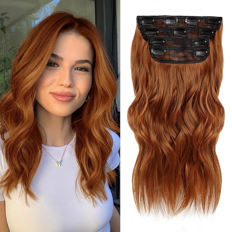 16” Red Clip in Hair Extensions Long Wavy Synthetic Extensions for Women