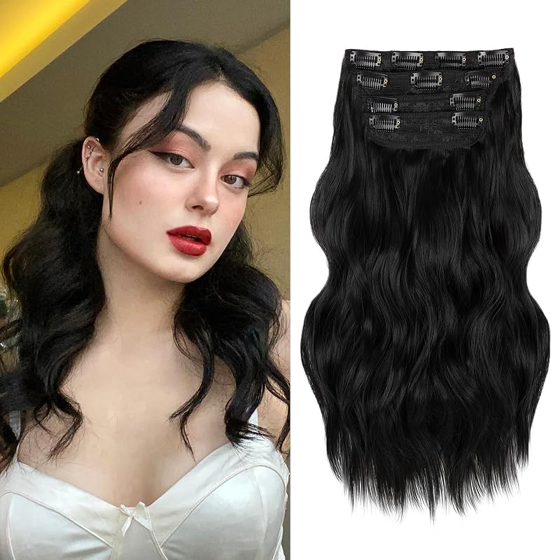 16” Black Clip in Hair Extensions Long Wavy Synthetic Extensions for Women