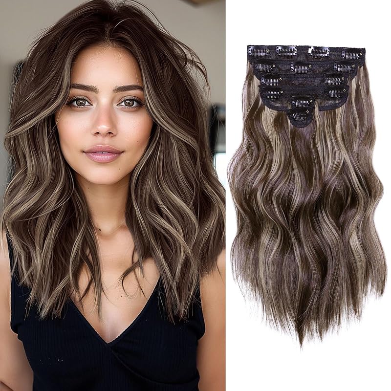 NAYOO Clip in Hair Extensions, 14 Inch Wavy Synthetic Hairpieces 6PCS