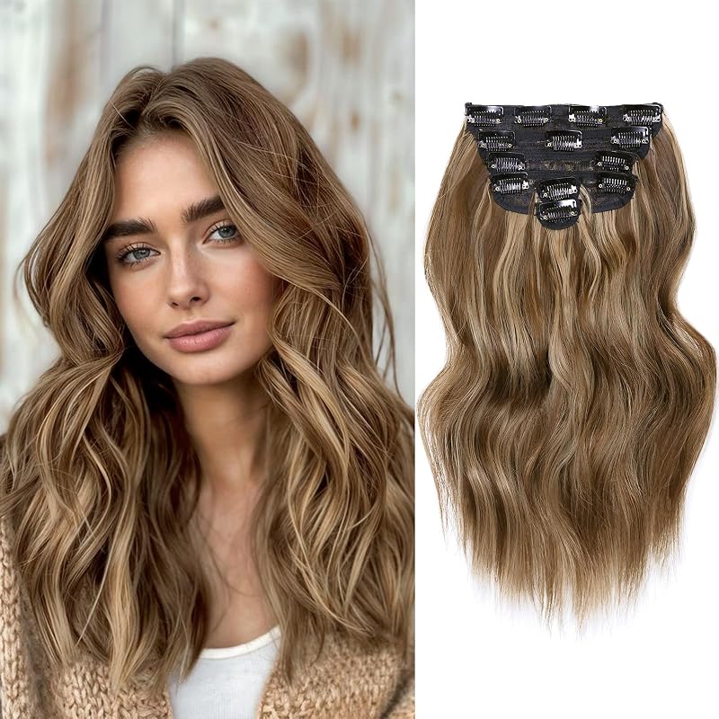 NAYOO Clip in Hair Extensions, 14 Inch Wavy Synthetic Hairpieces 6PCS