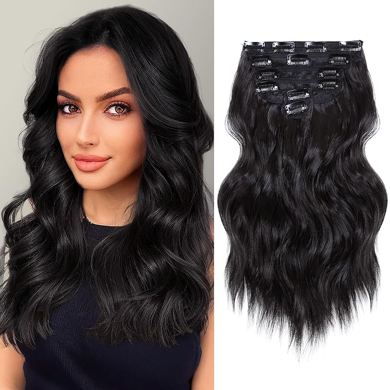 NAYOO Clip in Hair Extensions, 14 Inch Wavy Synthetic Hairpieces 6PCS