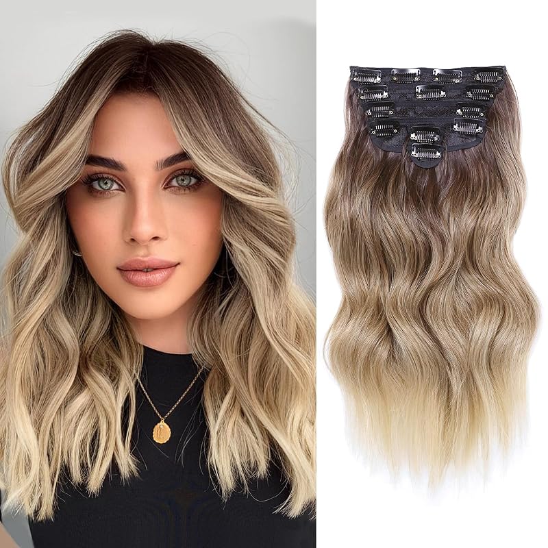 NAYOO Clip in Hair Extensions, 14 Inch Wavy Synthetic Hairpieces 6PCS