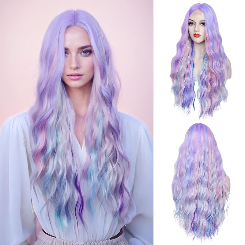 WECAN Rainbow Wig for Women Long Wavy Synthetic Wig 28 Inch