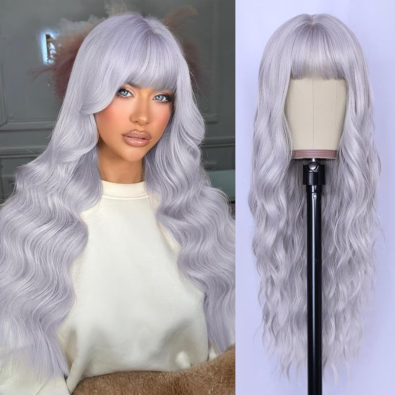 NAYOO Silver Gray Wigs with Bangs for Women,24 Inch Wavy Synthetic Wig