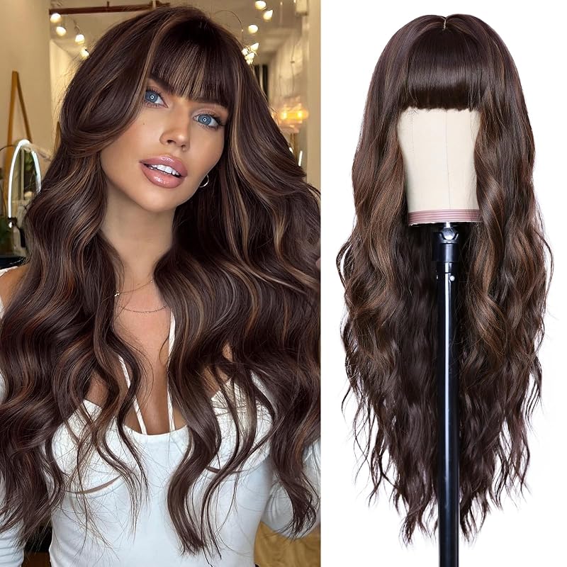 NAYOO Brown Wigs with Bangs for Women,24 Inch Wavy Synthetic Wig