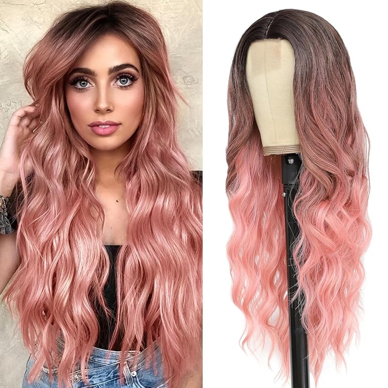 Cosplay Long Ombre Pink Wig 26 Inch Middle Part Synthetic Wigs for Women