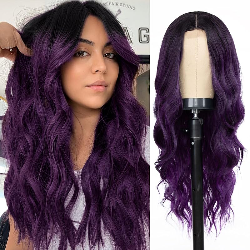 Long Ombre Dark Purple Wavy Wigs for Women 26 Inch Middle Part Cosplay Wig