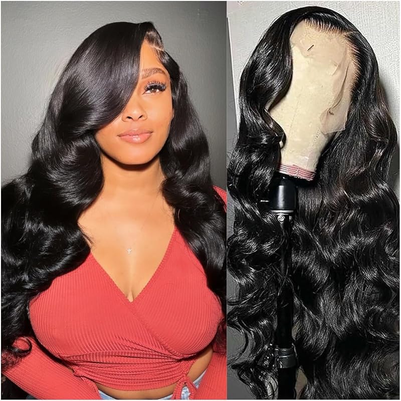 Atohallan 28 Inch Body Wave Lace Front Wigs Human Hair Pre Plucked 13x4 HD Transparent Lace Front Wigs Human Hair 180% Density Body Wave Glueless Frontal Wigs for Women Natural Black(28 Inch)