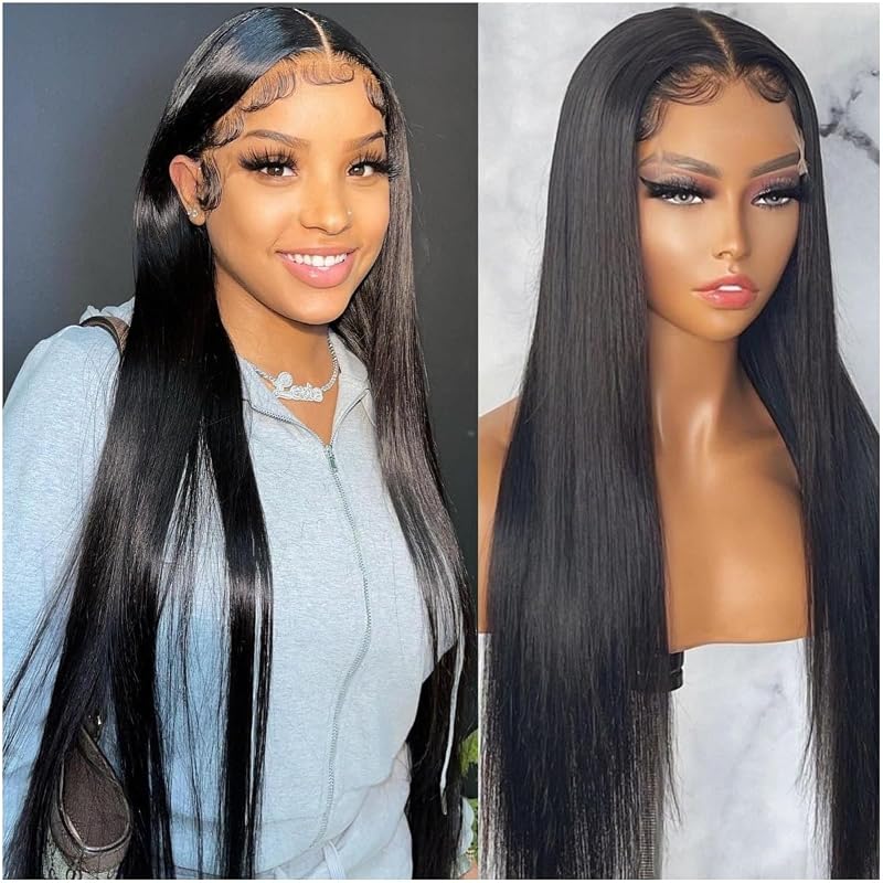 Atohallan 30 Inch Straight Lace Front Wigs Human Hair Pre Plucked 13x4 HD Transparent Lace Front Wigs Human Hair 180% Density Straight Glueless Frontal Wigs with Baby Hair Natural Black(30 Inch)