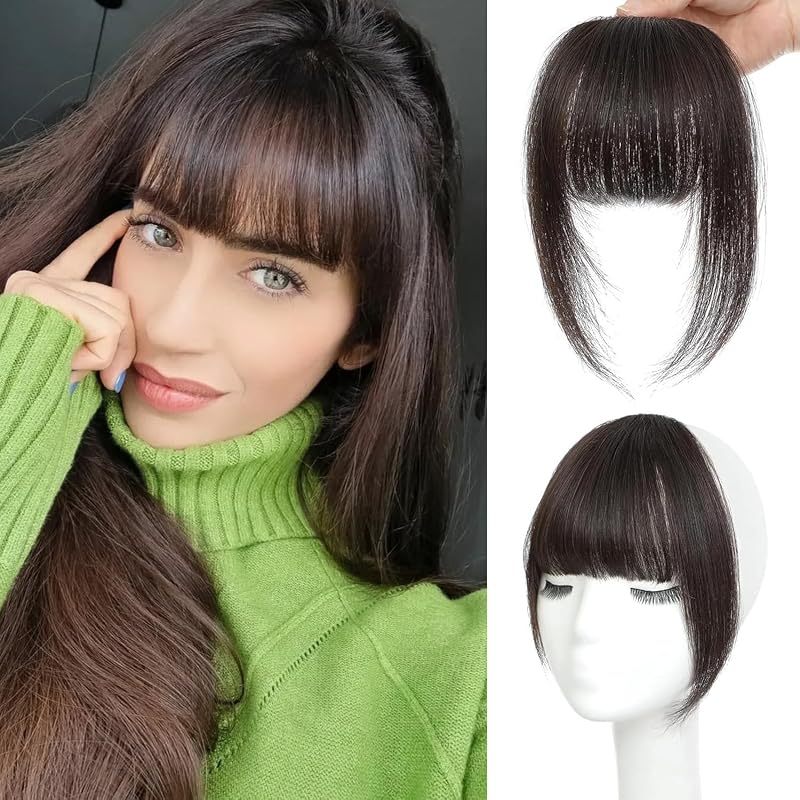 NAYOO Clip in Bangs Human Hair for Women, Dark Brown French Bangs Hairpiece
