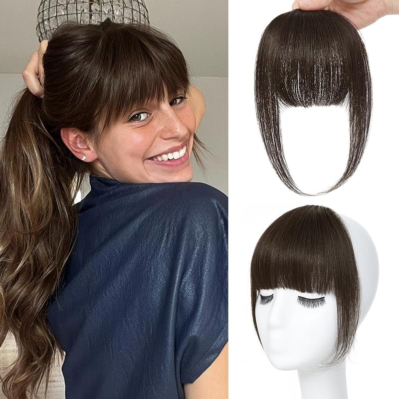 NAYOO Clip in Bangs Human Hair for Women, Darkest Drown French Bangs