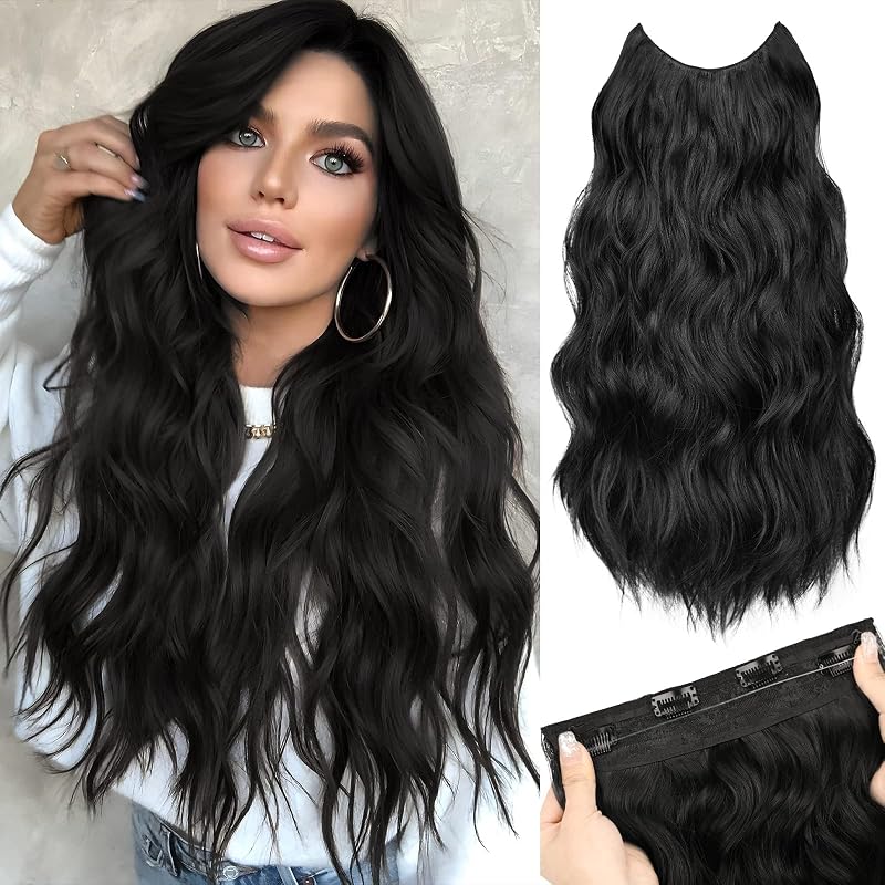 MORICA Halo Hair Extensions 20 Inch Natural Black Invisible Wire Hair Extensions,Long Wavy Synthetic Hairpiece with Transparent Wire Adjustable Size, 4 Secure Clips for Women