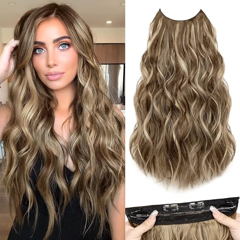 MORICA Halo Hair Extensions 20 Inch Light Brown Mix Ash Blonde Invisible Wire Hair Extensions,Long Wavy Synthetic Hairpiece with Transparent Wire Adjustable Size, 4 Secure Clips for Women