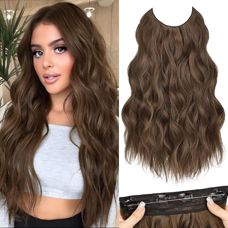 MORICA Halo Hair Extensions 20 Inch Medium Brown Invisible Wire Hair Extensions,Long Wavy Synthetic Hairpiece with Transparent Wire Adjustable Size, 4 Secure Clips for Women