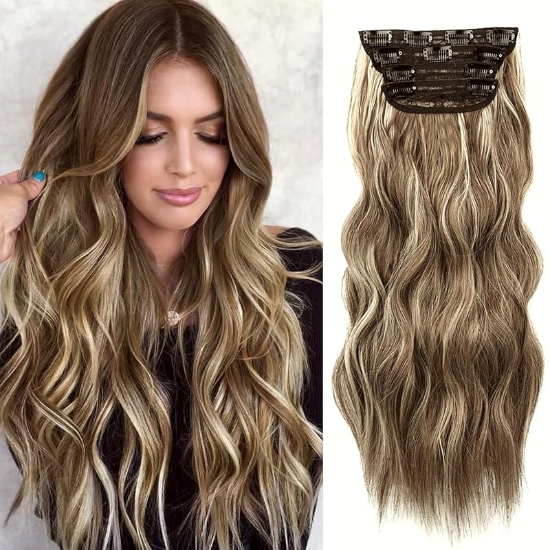 20” Brown Clip in Hair Extensions Long Wavy Synthetic Extensions for Women