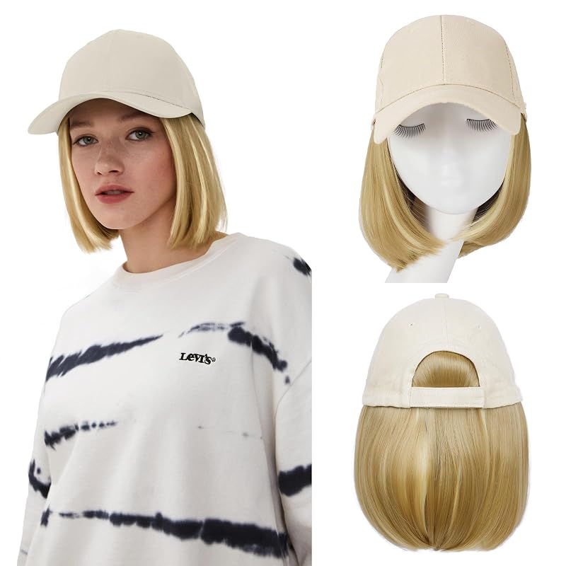Hat Wigs for Women Baseball Cap with Hair Extensions, 12inch