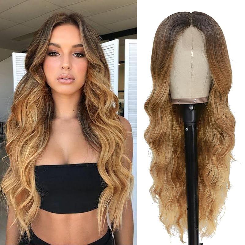 NAYOO Honey Blonde Wig for Women, 26 Inch Middle Part Wavy Synthetic Wig