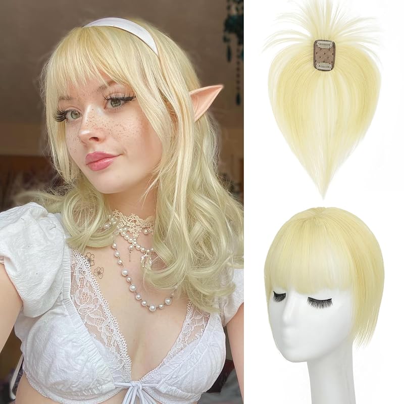 BUPPLER Hair Toppers for Women Real Human Hair-360°3D Topper with Bangs for Thinning Hair Clip in Bangs with Upgraded Silk Base Perfect for Daily Wear,4×6 Blonde613