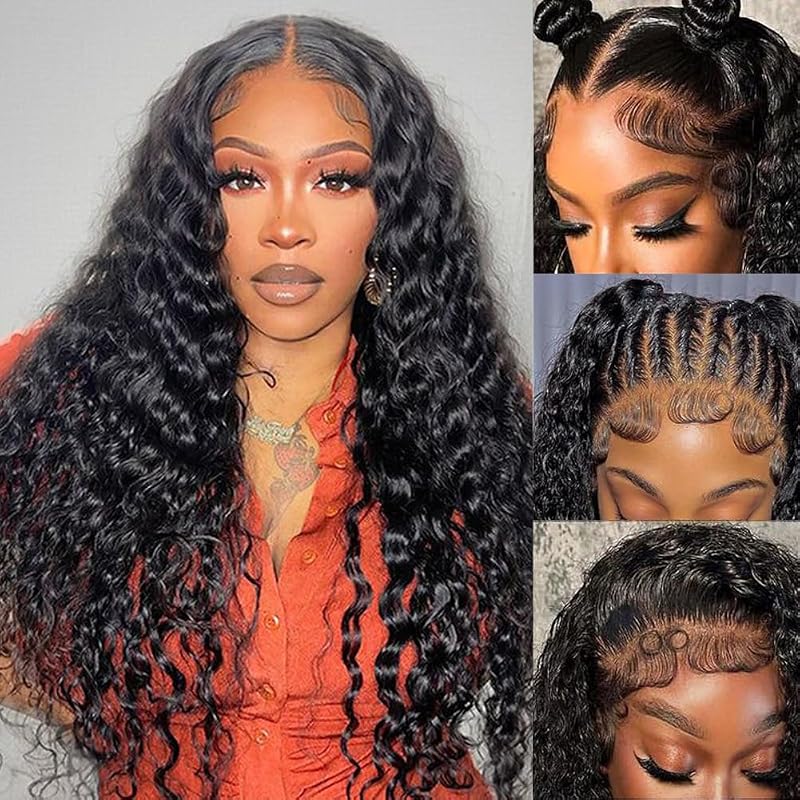 DZFAYESM 13x4 Deep Wave Lace Front Wigs Human Hair 200% Density Black Curly Human Hair Wig Long Natural Wigs for Black Women Transparent Lace Frontal Wig for Daily Wear 26 Inch