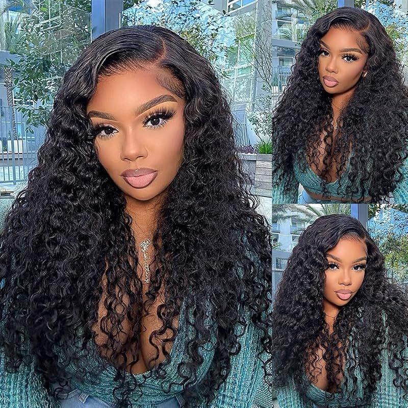 DZFAYESM 13x4 Deep Wave Lace Front Wigs Human Hair 200% Density Black Curly Human Hair Wig Long Natural Wigs for Black Women Transparent Lace Frontal Wig for Daily Wear 24 Inch