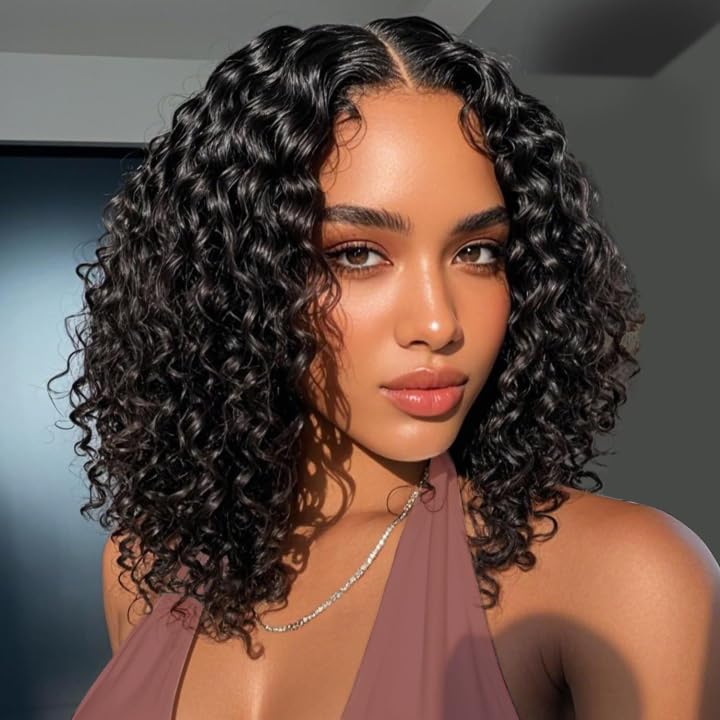 DZFAYESM 13x4 Deep Wave Lace Front Wigs Human Hair 200% Density Black Curly Human Hair Wig Short Natural Wigs for Black Women Transparent Lace Frontal Wig for Daily Wear 14 Inch
