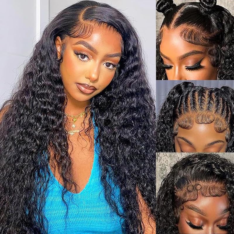 DZFAYESM 13x4 Deep Wave Lace Front Wigs Human Hair 200% Density Black Curly Human Hair Wig Long Natural Wigs for Black Women Transparent Lace Frontal Wig for Daily Wear 28 Inch