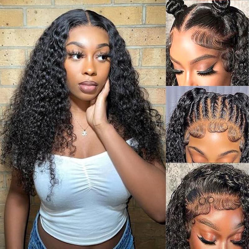 DZFAYESM 13x4 Deep Wave Lace Front Wigs Human Hair 200% Density Black Curly Human Hair Wig Long Natural Wigs for Black Women Transparent Lace Frontal Wig for Daily Wear 22 Inch
