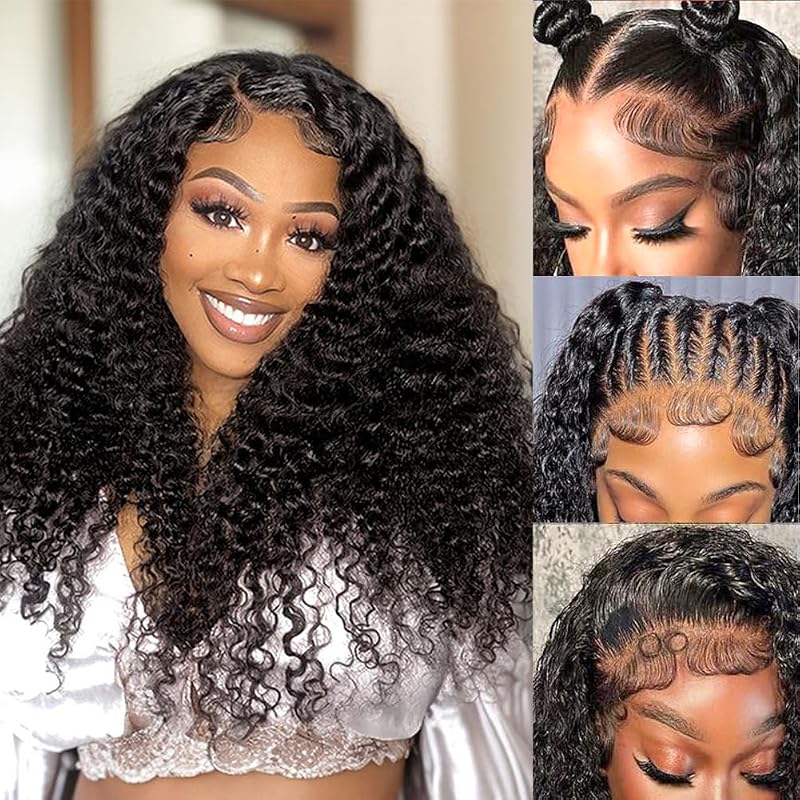 DZFAYESM 13x4 Deep Wave Lace Front Wigs Human Hair 200% Density Black Curly Human Hair Wig Long Natural Wigs for Black Women Transparent Lace Frontal Wig for Daily Wear 20 Inch