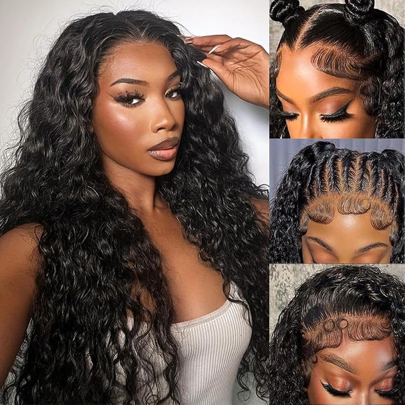 DZFAYESM 13x4 Deep Wave Lace Front Wigs Human Hair 200% Density Black Curly Human Hair Wig Long Natural Wigs for Black Women Transparent Lace Frontal Wig for Daily Wear 30 Inch