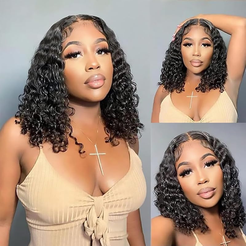 DZFAYESM 13x4 Deep Wave Lace Front Wigs Human Hair 200% Density Black Curly Human Hair Wig Short Natural Wigs for Black Women Transparent Lace Frontal Wig for Daily Wear 16 Inch