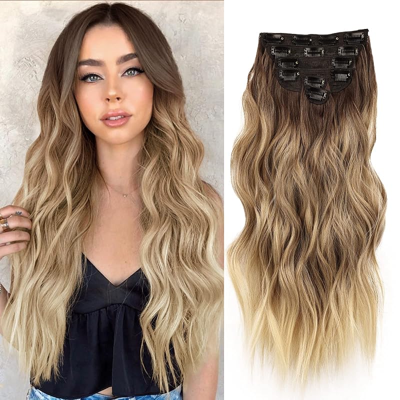 NAYOO Clip in Hair Extensions for Women 20 Inch Long Wavy Curly Blonde Hair Extension Full Head Synthetic Hair Extension Hairpieces(6PCS,Ombre Brown to Blonde)