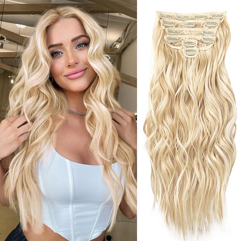 NAYOO Clip in Hair Extensions for Women 20 Inch Long Wavy Curly Blonde Hair Extension Full Head Synthetic Hair Extension Hairpieces(6PCS,Blonde Mix Bleach Blonde)