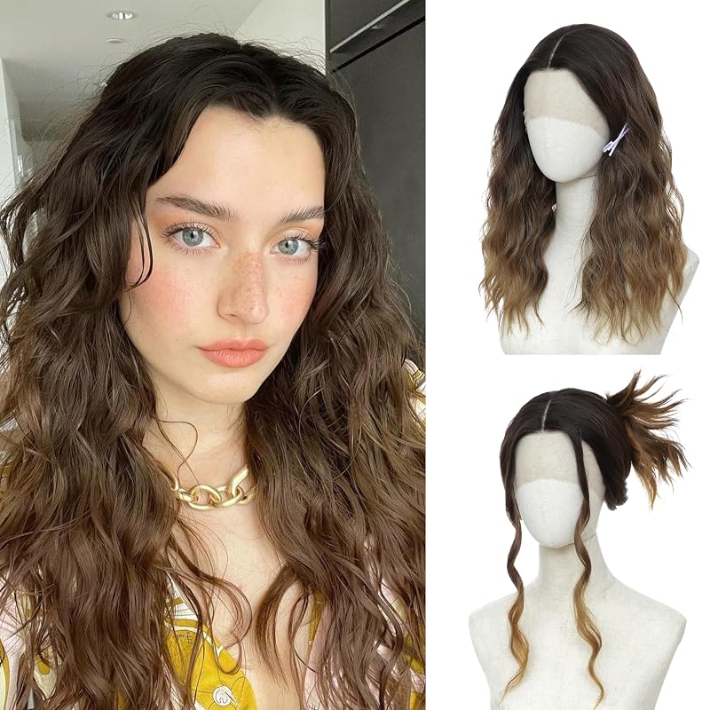 BUPPLER Light Brown Wigs for Women 18 Lace Middle Part Wavy Synthetic Wig