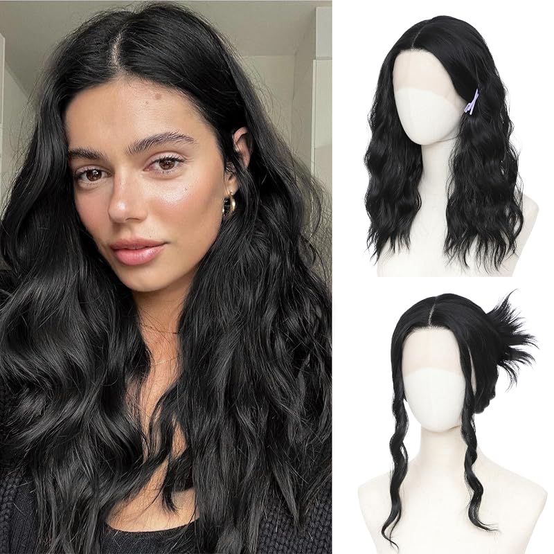 BUPPLER Black Wigs for Women 18 Lace Middle Part Wavy Synthetic Wig