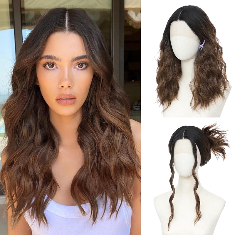 BUPPLER Ombre Brown Wigs for Women 18 Lace Middle Part Wavy Synthetic Wig