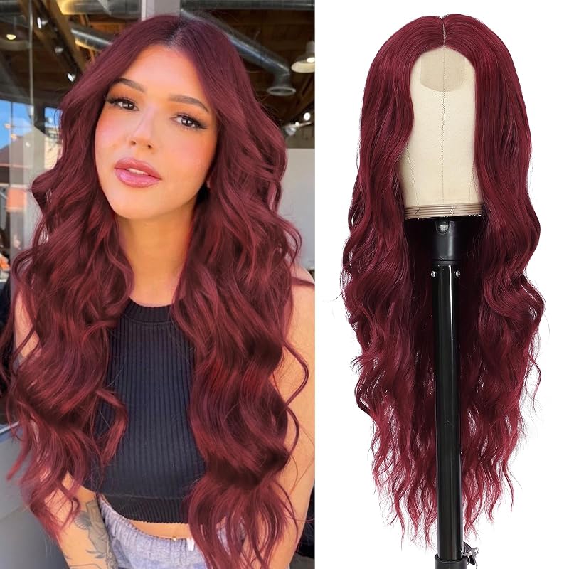 NAYOO Long Wine Red Wavy Wig for Women 26 Inch Middle Part Curly Wavy Wig Natural Looking Synthetic Heat Resistant Fiber Wig for Daily Party (Wine Red)