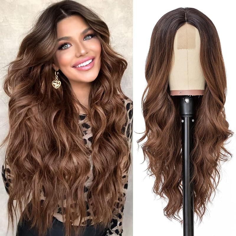 NAYOO Ombre Brown Wig for Women, 26 Inch Middle Part Wavy Synthetic Wig